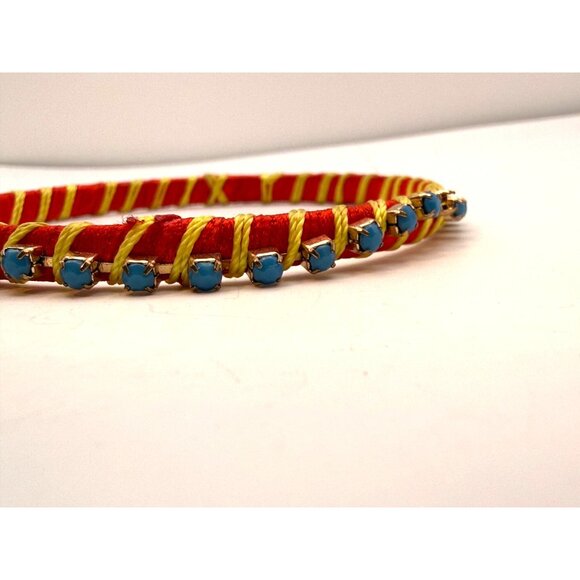 VTG Handmade Wrapped Bangle Bracelet Red Yellow Thread Blue Rhinestone Accents - Picture 2 of 6